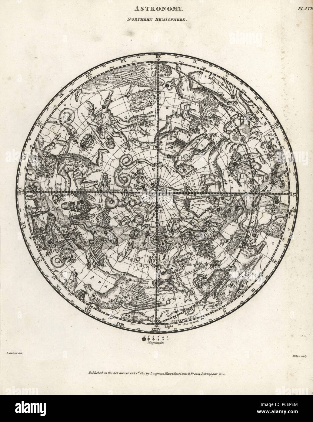 Tableau astronomique de l'hémisphère Nord. La gravure sur cuivre par Milton D'après un dessin de L. Hebert d'Abraham Rees' Cyclopedia ou Dictionnaire Universel des Sciences, des arts et de la littérature, Longman, Hurst, Rees, Orme et Brown, Londres, 1820. Banque D'Images