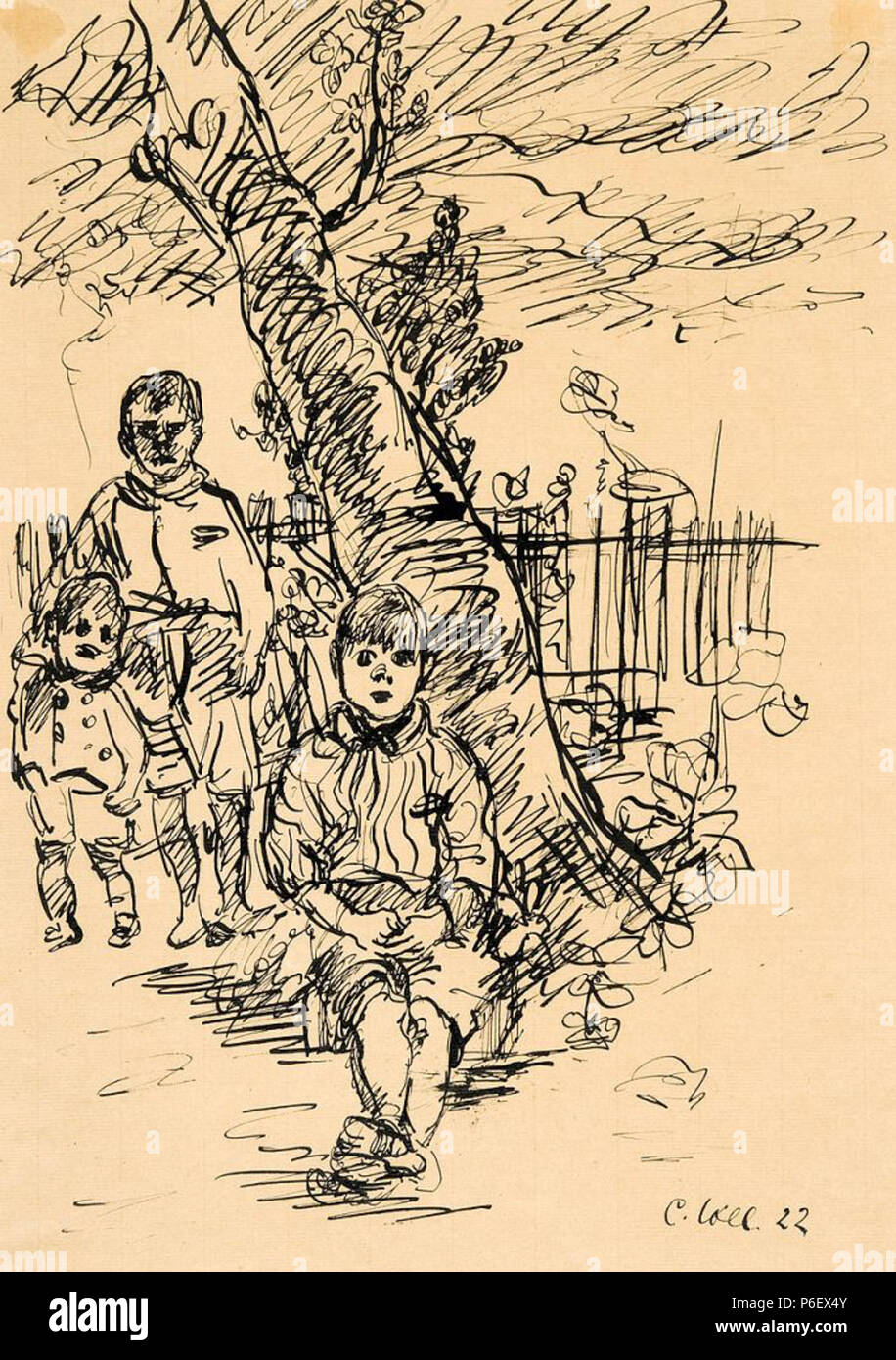 Kinder. Pinsel dans hellbraunem Tusche auf Bütten. 430 x 284 mm, Signiert und datiert. 1922 10 Christoph Voll Kinder 1922 Banque D'Images