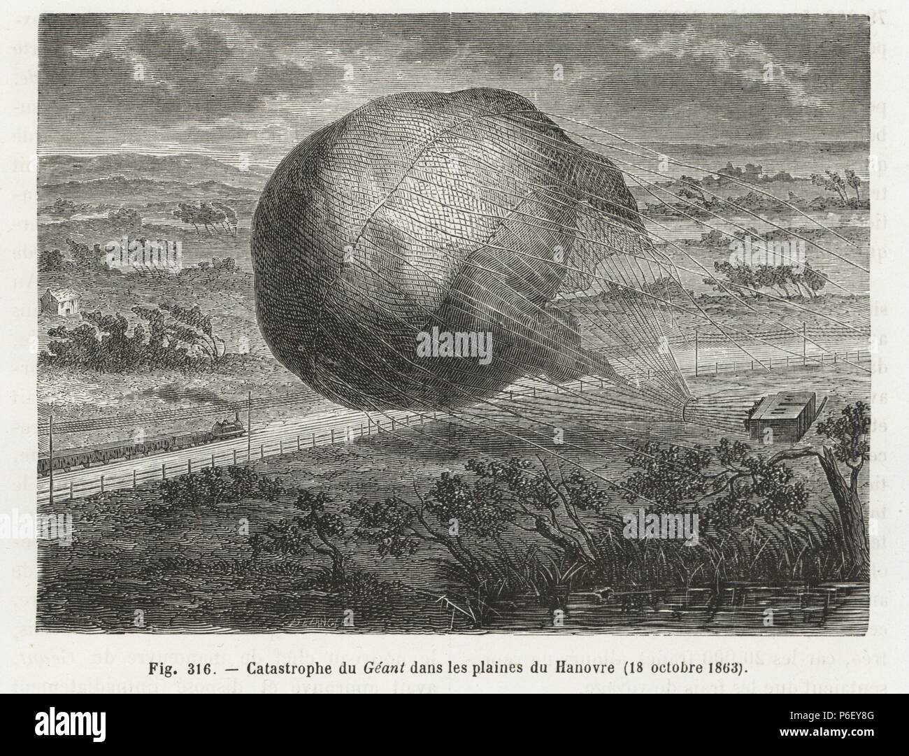 Crash catastrophique débarquement de Felix Nadar's 'ballon' le Géant et tout près de Hanovre en 1863. La gravure sur bois de Louis Figuier's 'Les merveilles de la science : Des aérostats (merveilles de la science : les montgolfières), Furne, Jouvet et Cie, Paris, 1868. Banque D'Images