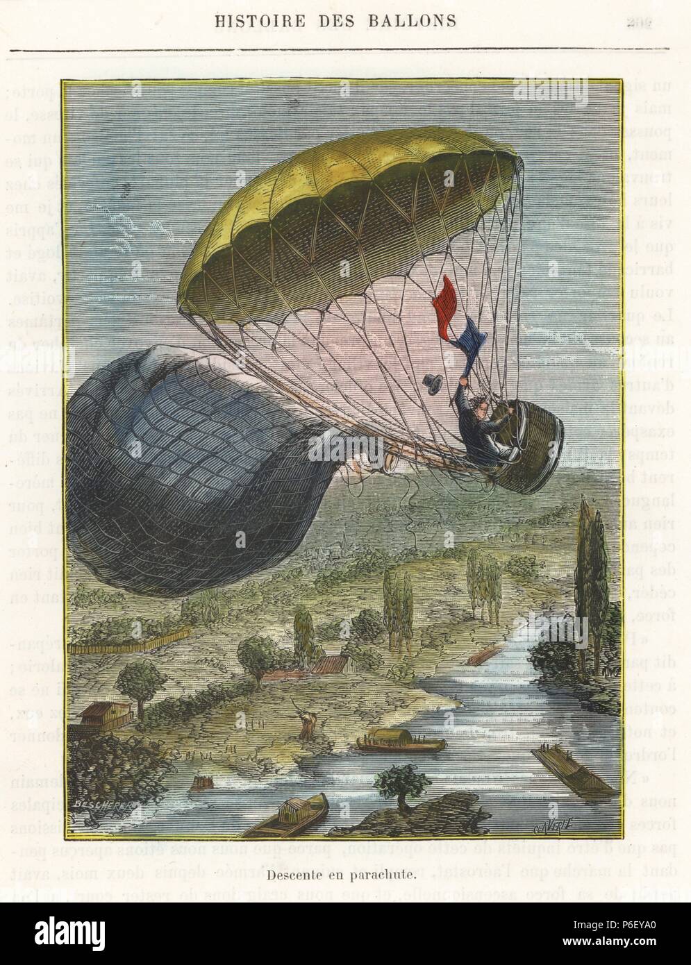 Descente en parachute expérimental à partir d'un ballon par le Jacques Garnerin, octobre 1797. Gravure coloriée par Bescherer d Sircos et pallier's "Histoire des ballons", Roy, Paris, 1870. Banque D'Images