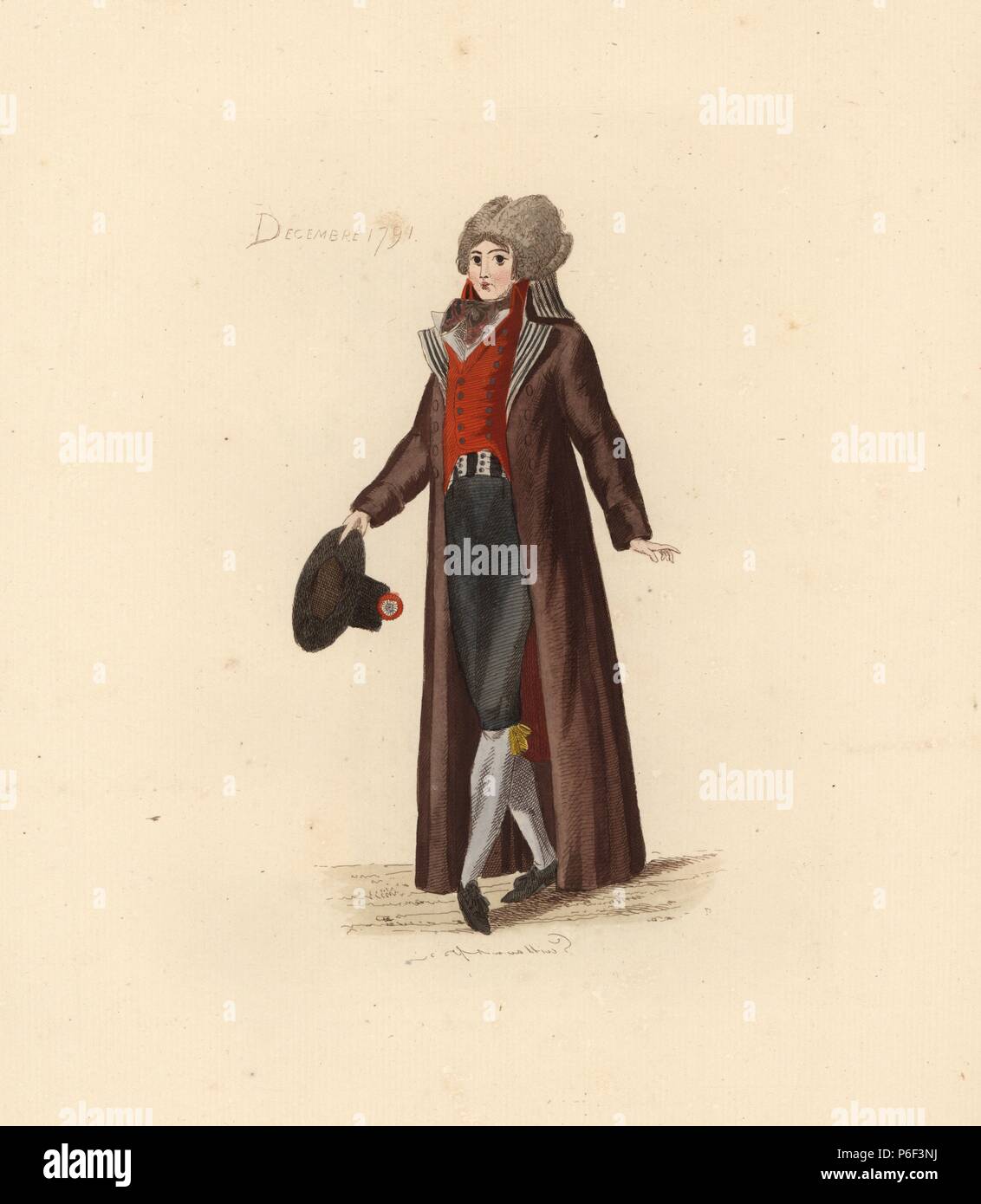 La mode homme français de décembre 1791. Il porte une grande perruque, long  manteau, gilet gilet et cravat (), culottes et jarretelles. Il est  titulaire d'un chapeau à cocarde tricolore. Gravure coloriée