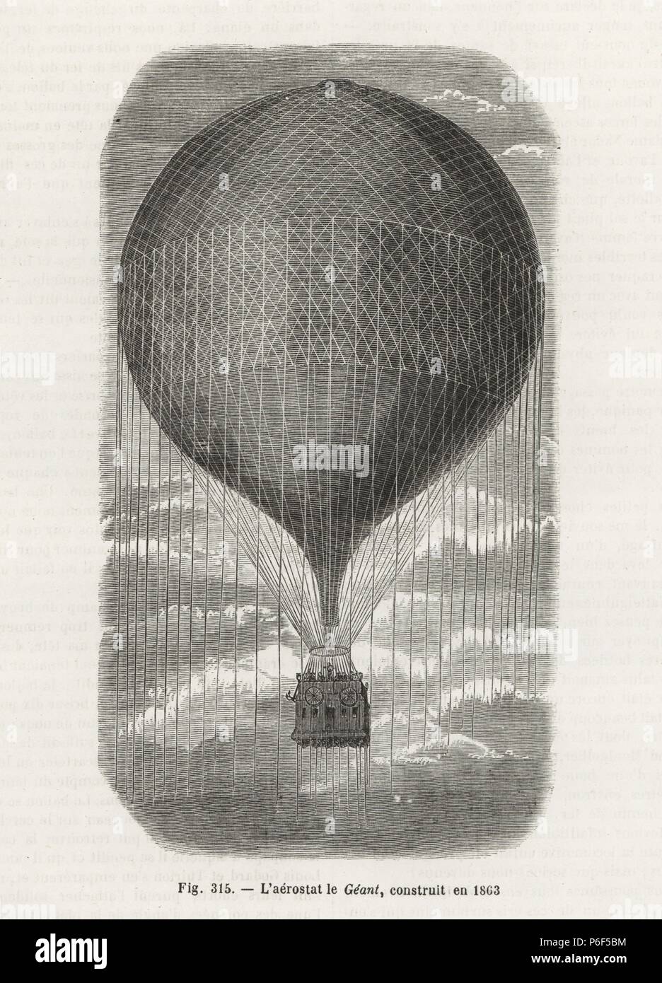 Le géant le Géant (ballon), construit en 1863 pour Felix Nadar. La gravure  sur bois de Louis Figuier's 'Les merveilles de la science : Des aérostats ( merveilles de la science : les
