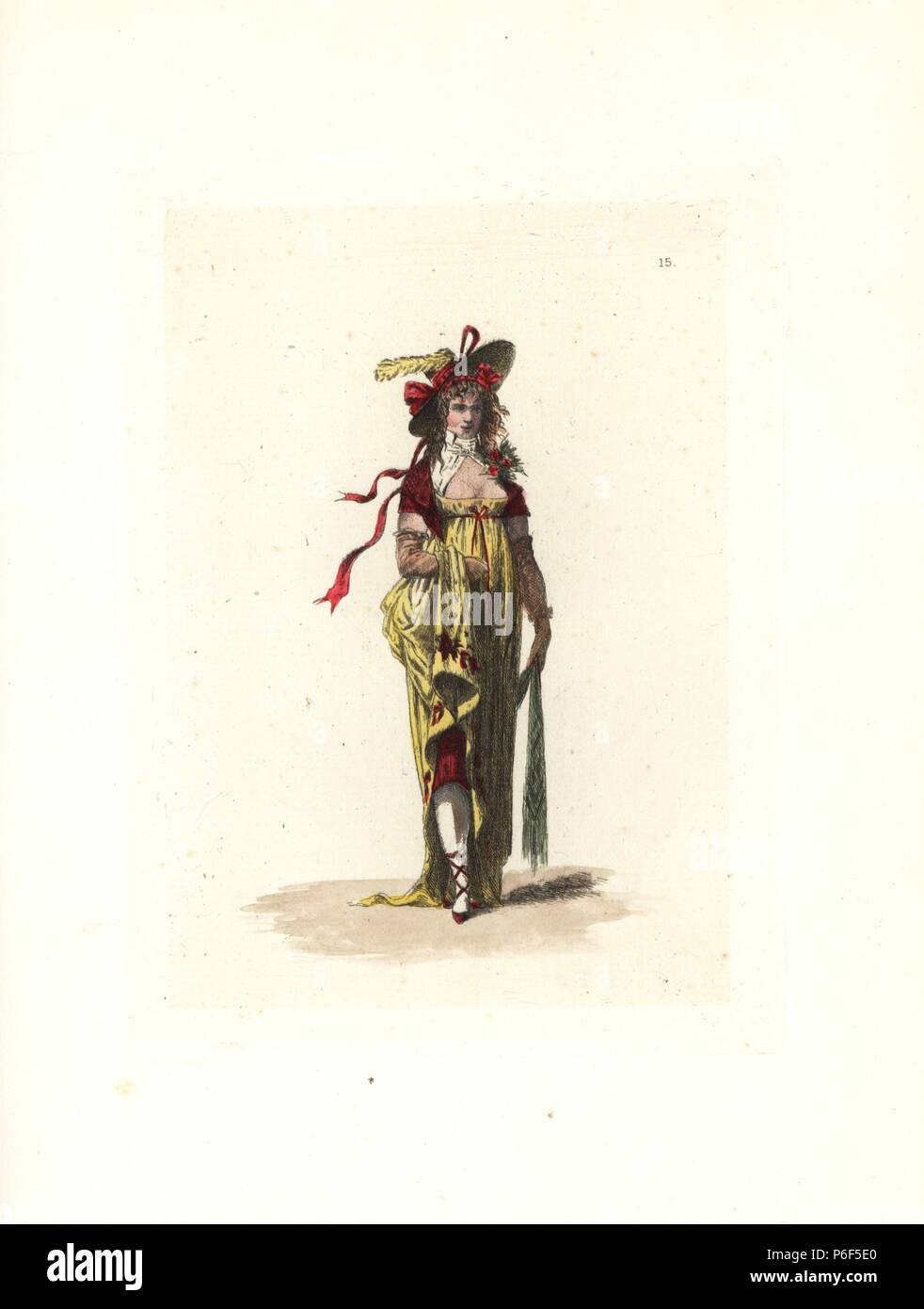 Costume de Madame Raquet, merveilleuse dans le style du martyr. Elle porte  un chapeau rond anglais dans la peau de castor, décoré d'une plume  cavalière et profonde d'un ruban rouge. Elle porte