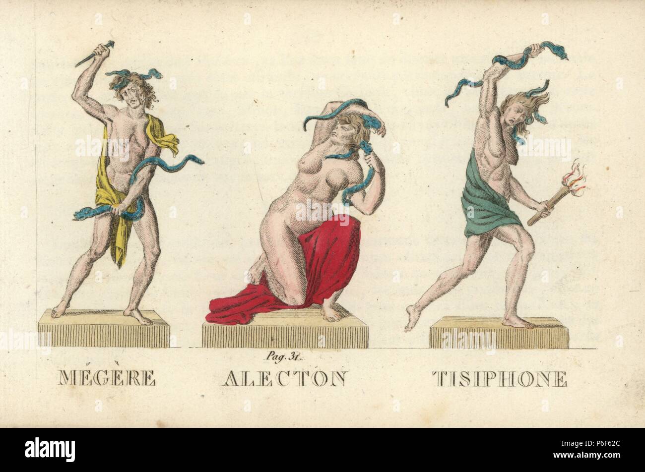Brynne embellir maille fente, Alecto et Tisiphone, le Enrinyes Grec ou romain Furies. Coloriée à la gravure sur cuivre gravé par Jacques Louis Lacerf constante après illustrations par Leonard Defraine de 'La Mythologie en Estampes" (dans la mythologie des tirages ou Figures de dieux légendaire), chez P. Blanchard, Paris, c.1820. Banque D'Images