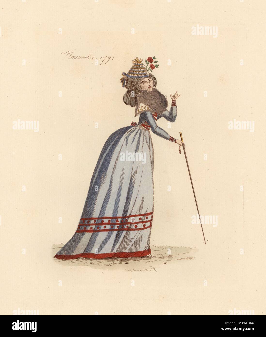 Femme française portant les vêtements de novembre 1791. Elle porte un  bonnet de fleurs, pleine perruque, grand fichu (foulard), équipé robe et  jupes complet. Elle est titulaire d'une canne. Gravure coloriée par