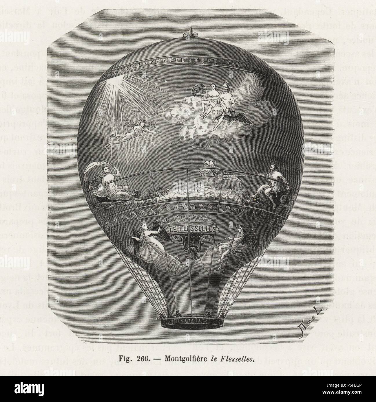 Le ballon Montgolfier le Flesselles, 1784. La gravure sur bois par A. de L. de Louis Figuier's 'Les merveilles de la science : Des aérostats (merveilles de la science : les montgolfières), Furne, Jouvet et Cie, Paris, 1868. Banque D'Images