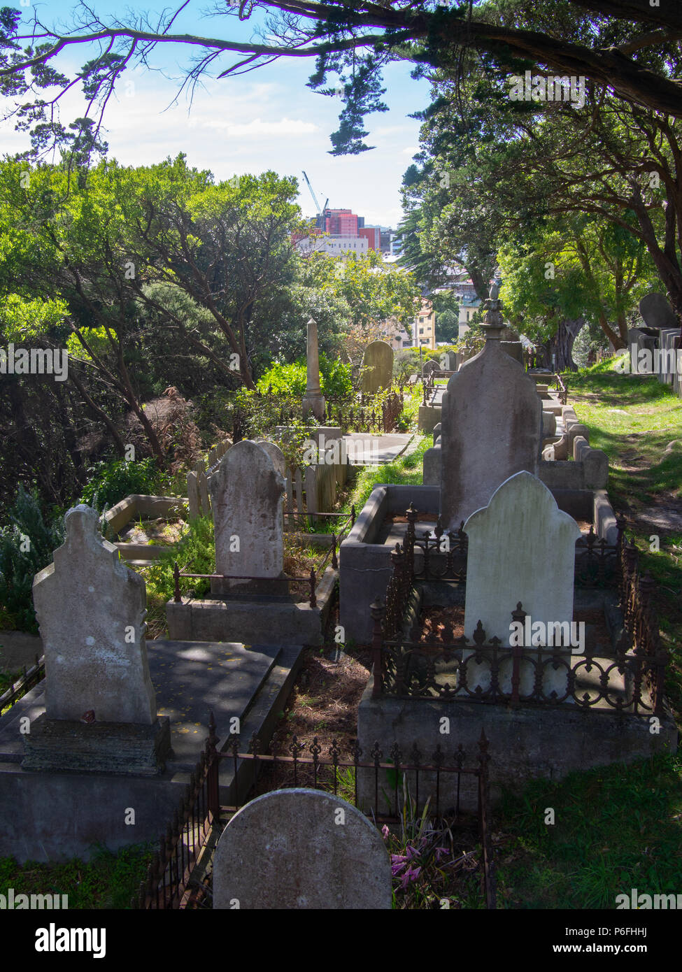 Pierres tombales anciennes au cimetière dans l'Édifice Wellington Botanic Gardens Banque D'Images