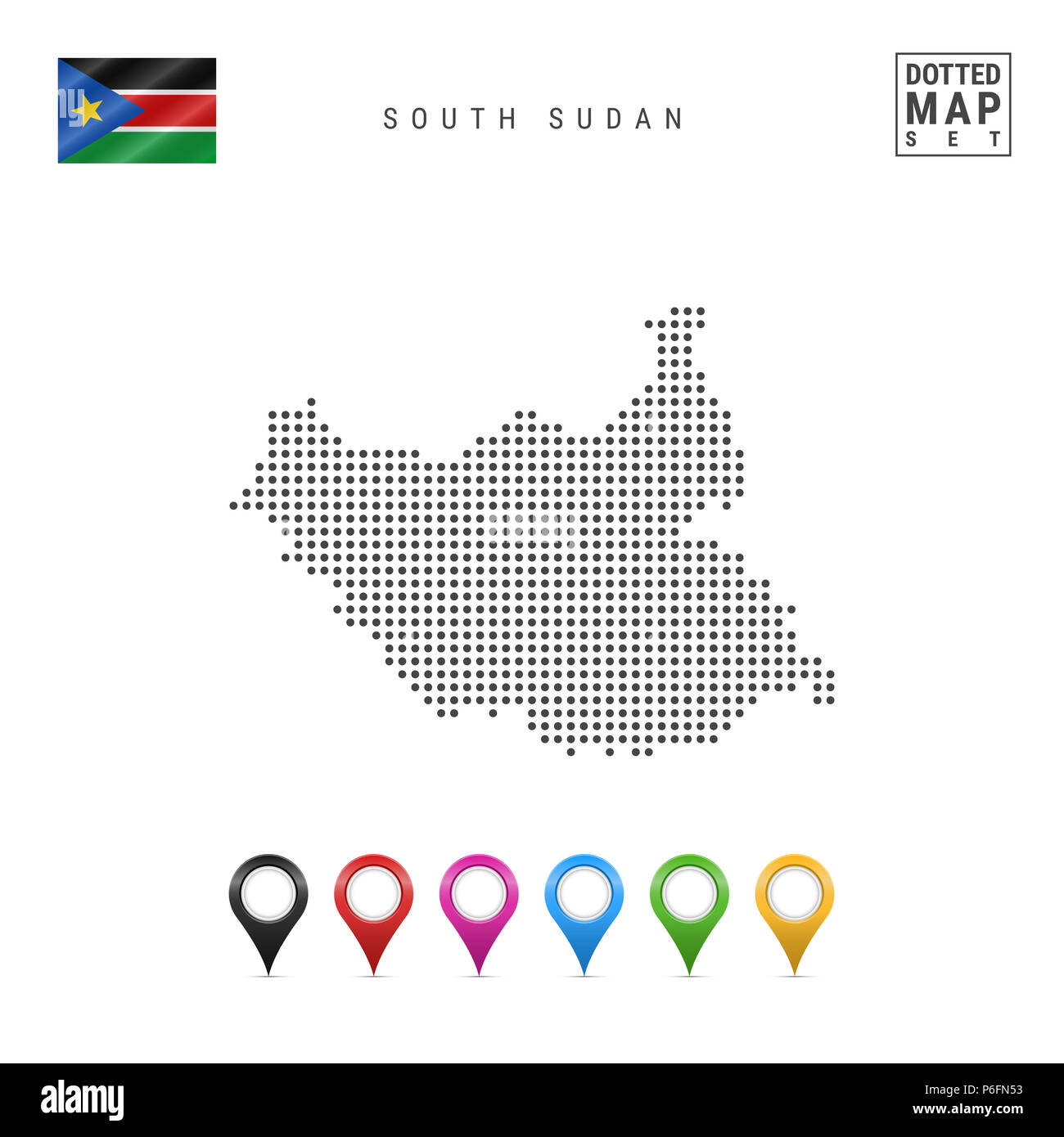 Points Pattern Map du Soudan du Sud. Simple silhouette stylisée du Soudan du Sud. Le drapeau national du Soudan du Sud. Ensemble de marqueurs de la carte multicolore. Illustr Banque D'Images