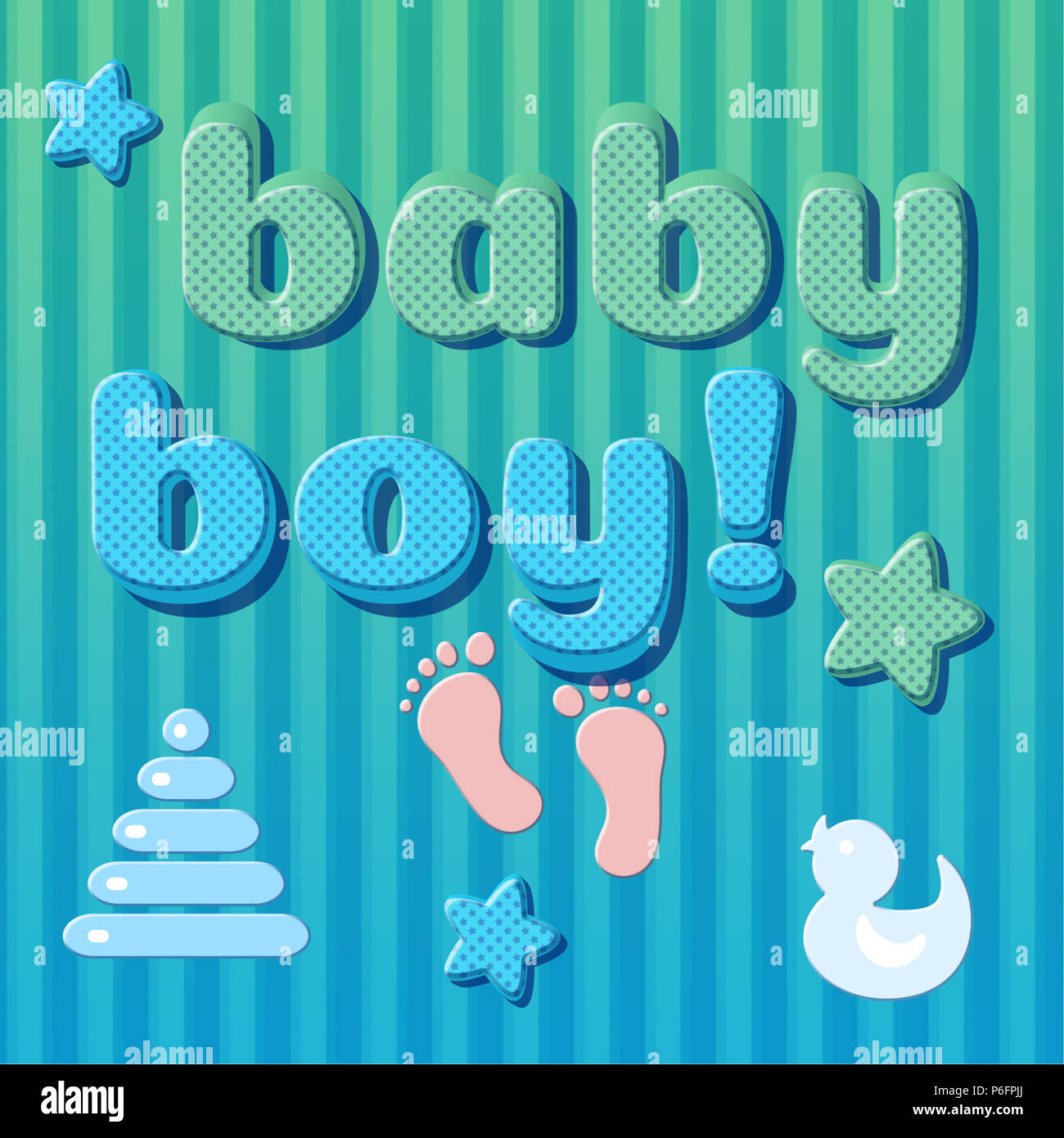 Mignon bébé nouveau-né de carte bleu, vert couleurs vintage 3D font effet avec texte Baby Boy Banque D'Images