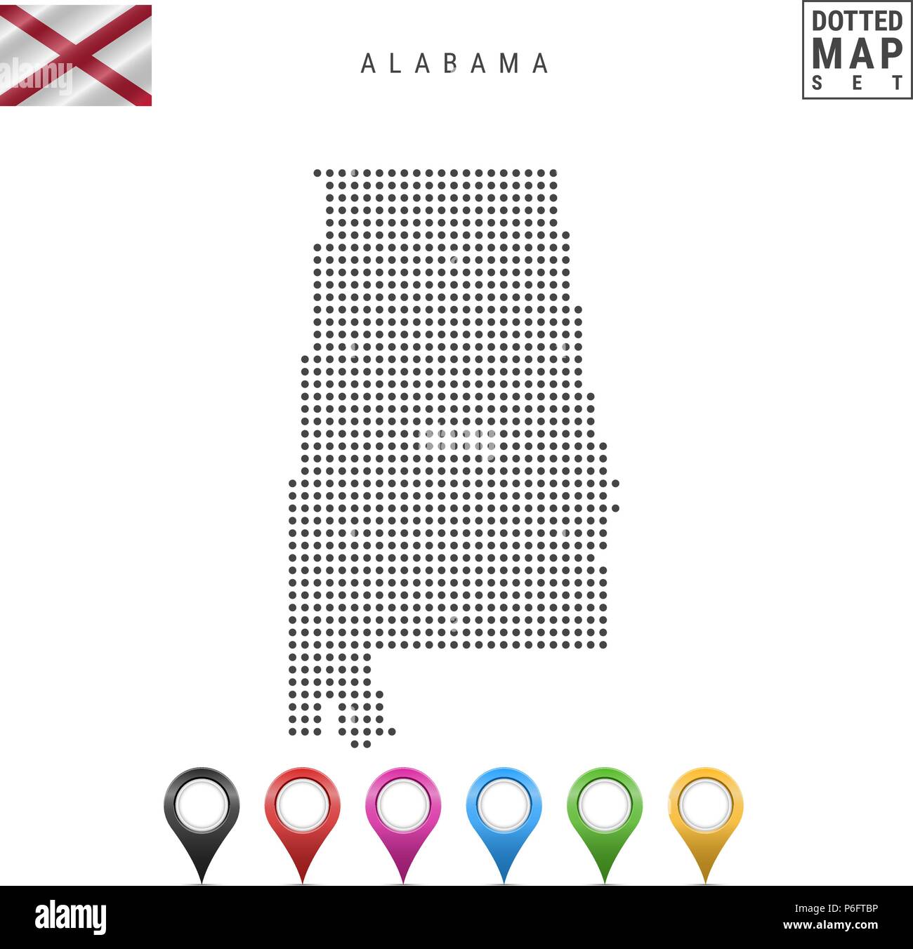 Motif Dots Carte vectorielle de l'Alabama. Silhouette stylisée de l'Alabama. Drapeau de l'Alabama. Ensemble de marqueurs carte multicolore Illustration de Vecteur