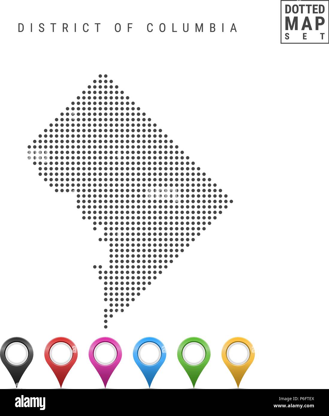 Motif Dots Carte vectorielle de Washington DC. Silhouette stylisée de Washington DC. Drapeau de Washington DC. Les marqueurs de carte Set Illustration de Vecteur