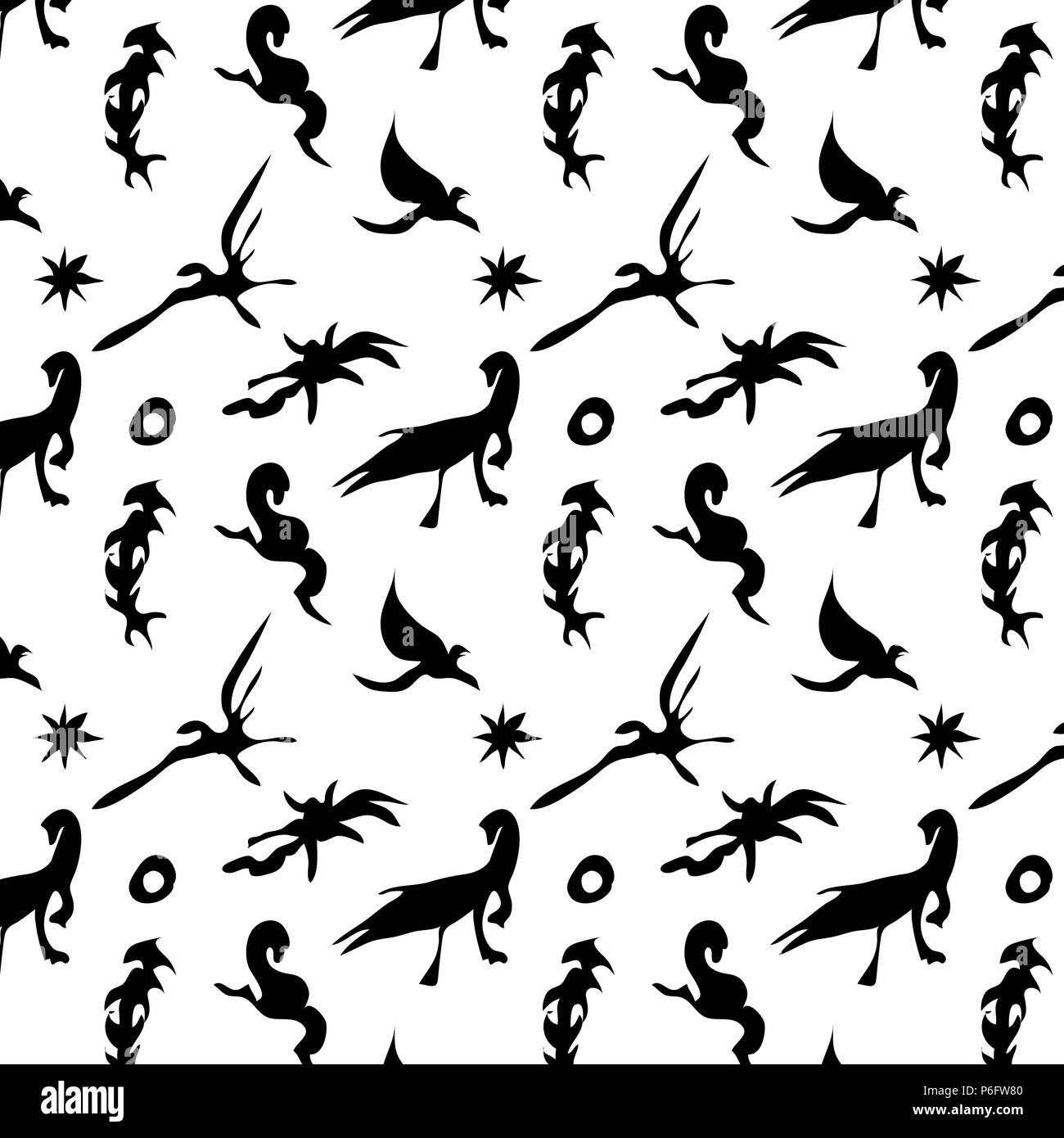 Le motif en noir et blanc avec les chiffres de dinosaures et de ptérodactyles. Illustration de Vecteur