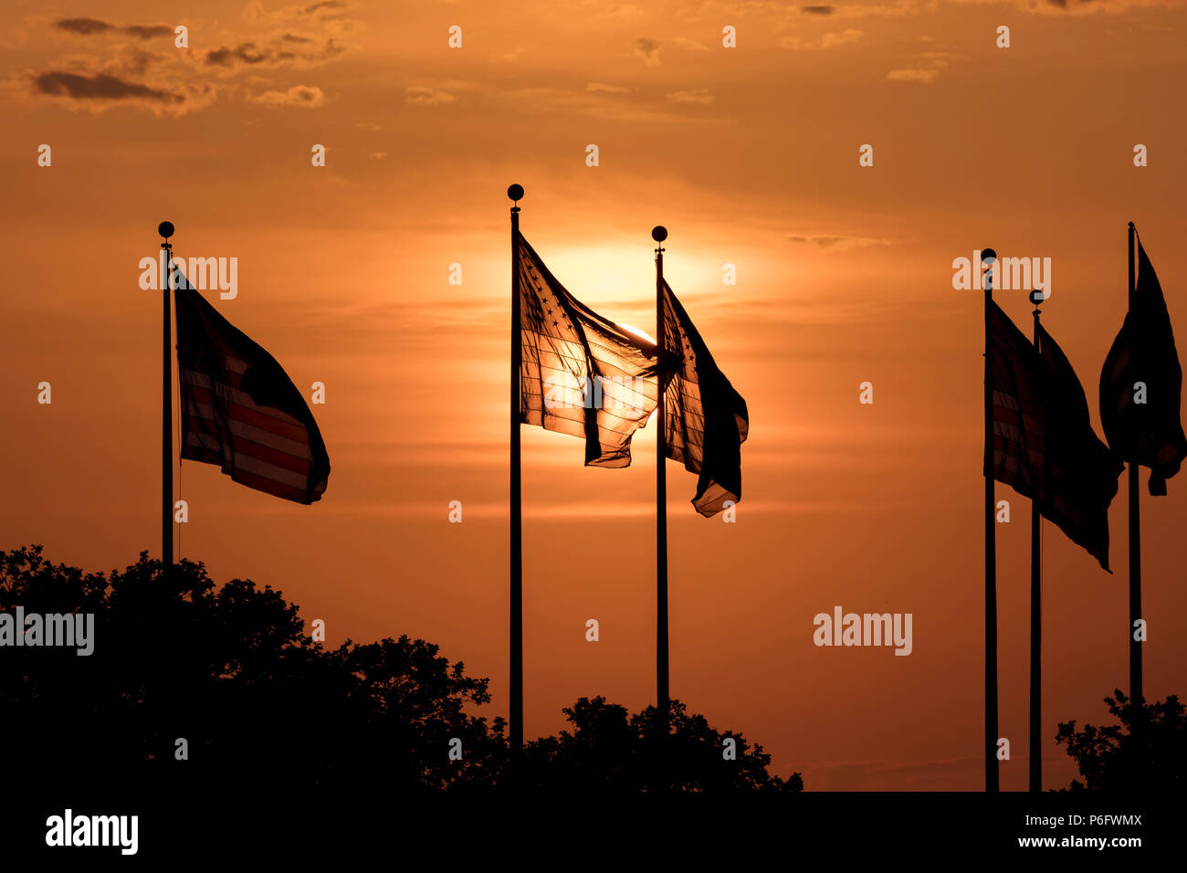 7 juin 2018, Jersey City, New Jersey, USA - Groupe des drapeaux américains au coucher du soleil, le parc d'état de Liberty Nouveau Jerssey Banque D'Images