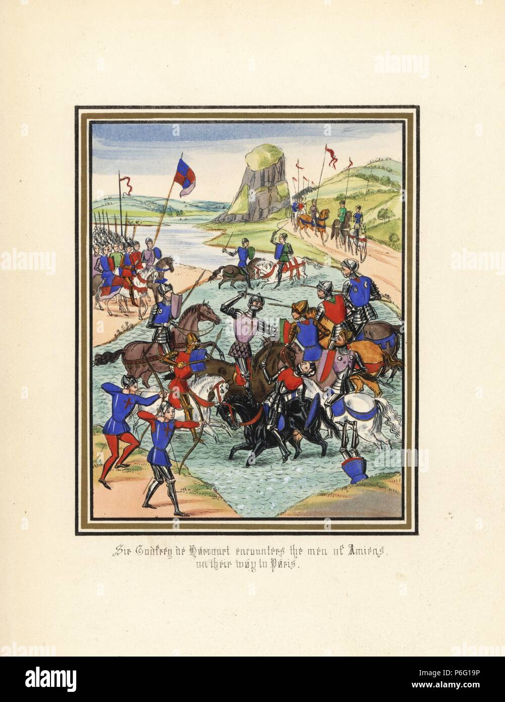 Sir Godefroy de Harcourt et ses chevaliers à l'encontre de l'hommes d'Amiens en route pour Paris, 1346 Campagne de Crécy, Guerre de 100 ans. Lithographie coloriée après un manuscrit enluminé de Sir John Froissart's 'Chroniques de l'Angleterre, la France, l'Espagne et les pays limitrophes, à partir de la dernière partie du règne d'Édouard II pour le Couronnement d'Henri IV," George Routledge, Londres, 1868. Banque D'Images