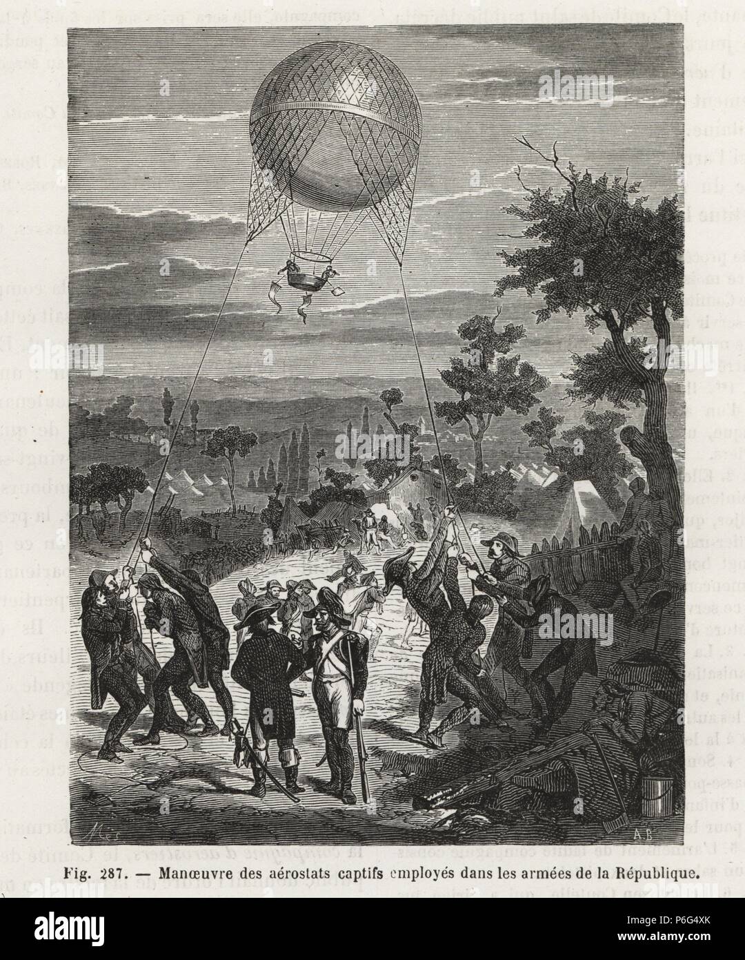 Les soldats de l'Armée révolutionnaire française à l'aide de cordes pour  positionner les ballons captifs durant une bataille, fin du 18e siècle. La  gravure sur bois par Mes après A.B. de Louis