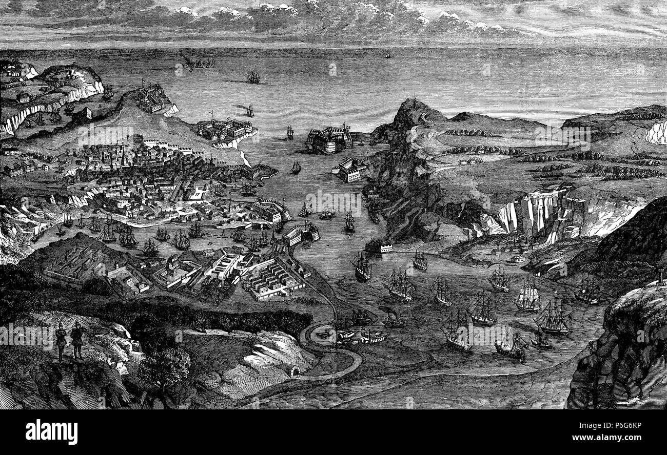 Guerra de Crimée. Rusia. Vista Aérea de Sébastopol, su puerto y sus fortificaciones. La gravure de 1854. Banque D'Images