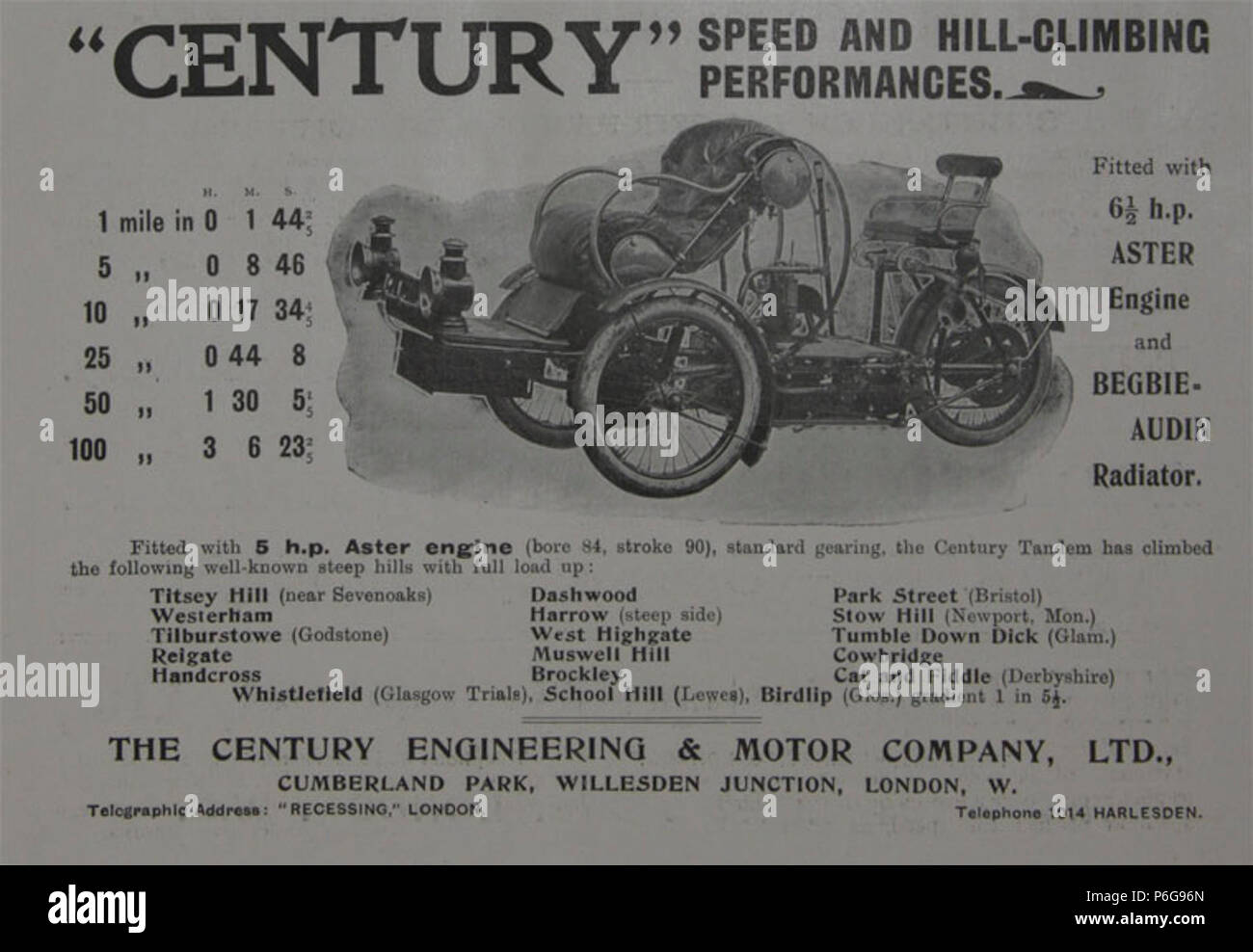 1902 Siècle annonce forecar - tandem avec moteur Aster. Banque D'Images