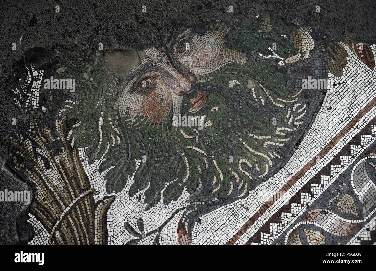 Grand Palais Musée de la mosaïque. Mosaïques de la chaussée d'une cour péristyle (Grand Palais de Constantinople). 4e-6e siècles. Période Byzantine. Détail. Arbres et tête masquée dans un défilement d'acanthe. Le sud-ouest de hall. Istanbul. La Turquie. Banque D'Images