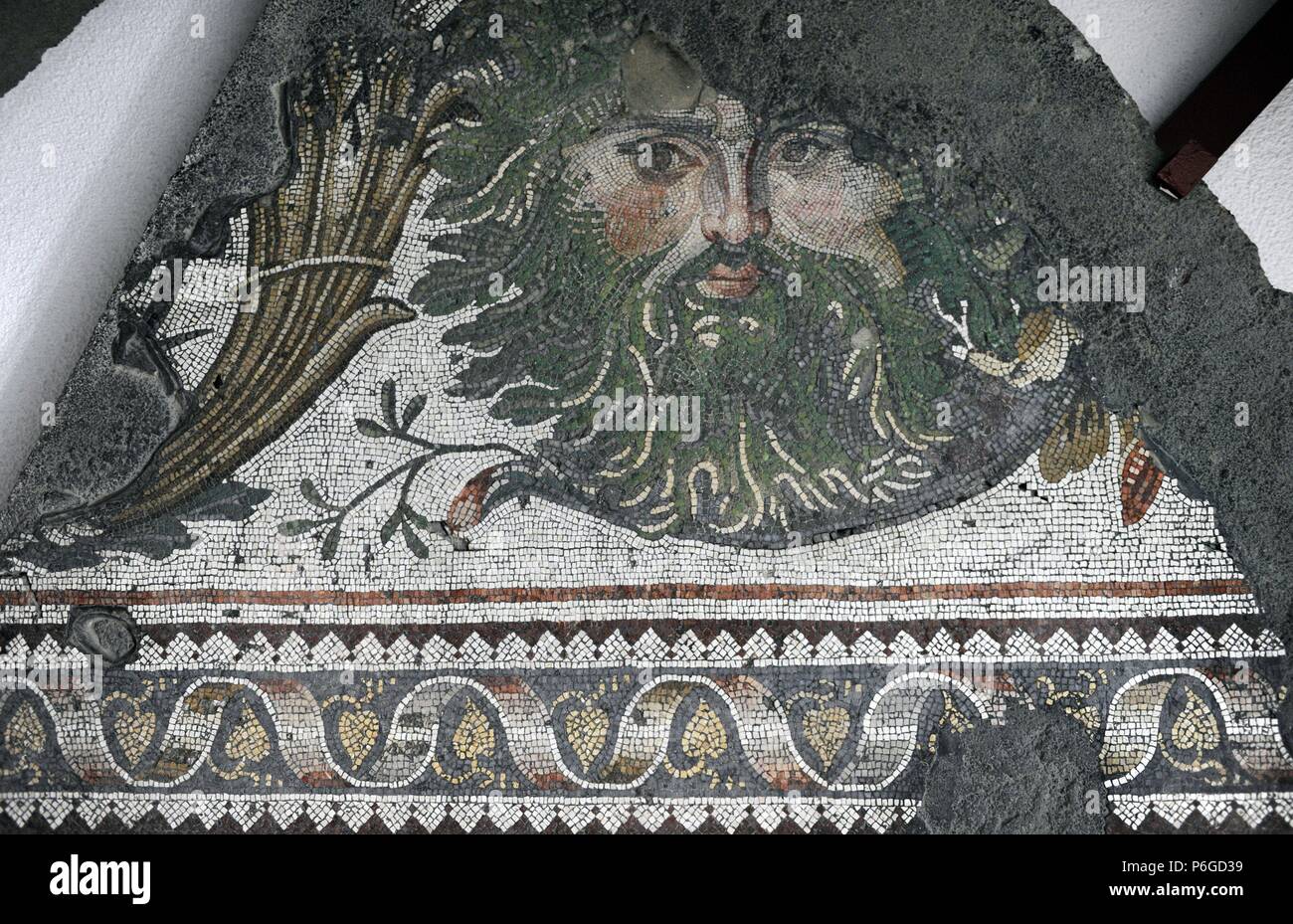 Grand Palais Musée de la mosaïque. Mosaïques de la chaussée d'une cour péristyle (Grand Palais de Constantinople). 4e-6e siècles. Période Byzantine. Détail. Arbres et tête masquée dans un défilement d'acanthe. Le sud-ouest de hall. Istanbul. La Turquie. Banque D'Images