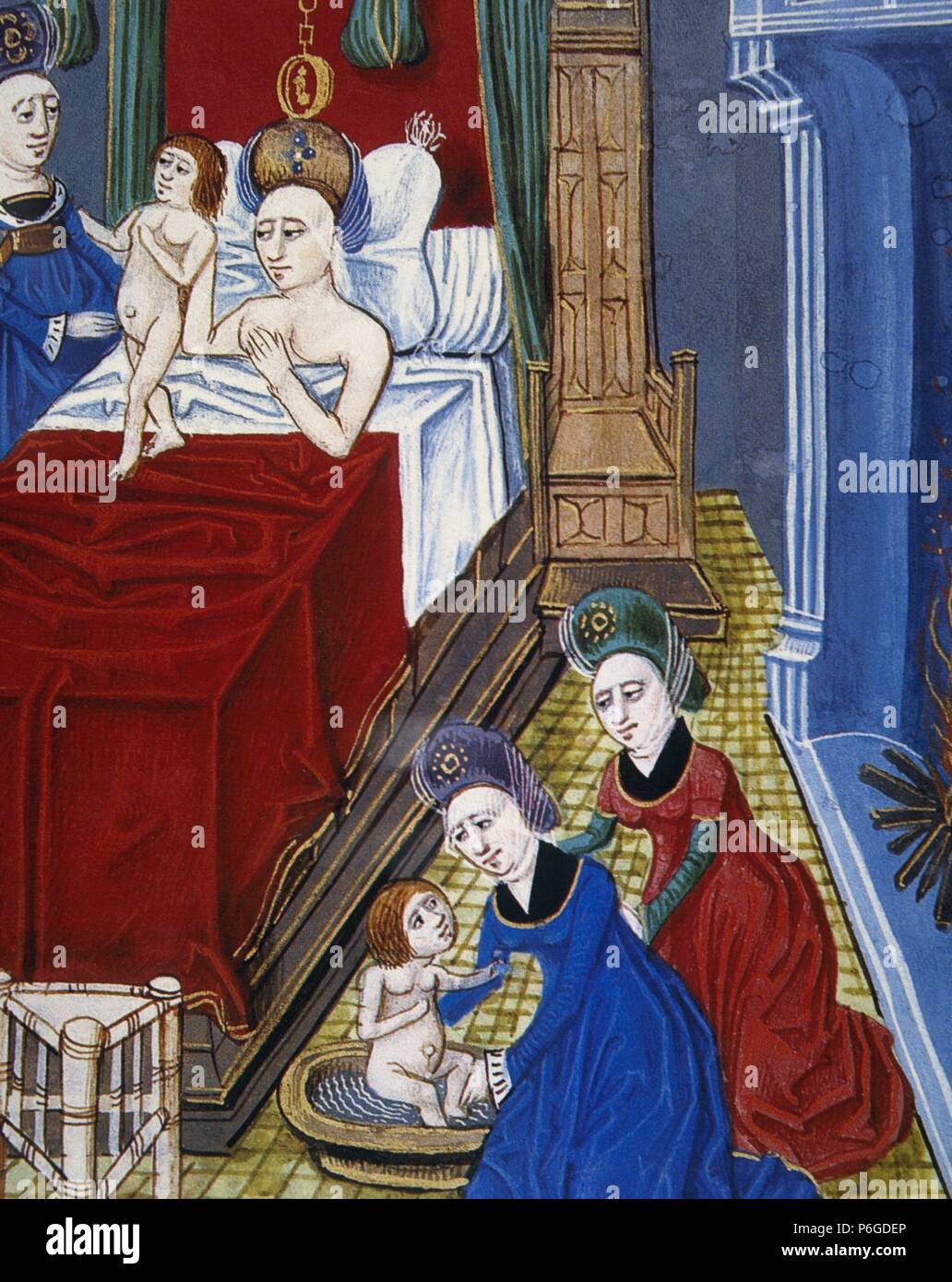 HISTORIA DE LA MEDICINA. La princesa epirota Olimpia, mujer de Filipo II, DANDO A LUZ A ALEJANDRO III EL MAGNO (-356 a-326), futuro rey de Macédoine. Miniature del siglo XV de 'Los Hechos de Alejandro el Grande". Le château de Chantilly. Francia. Banque D'Images