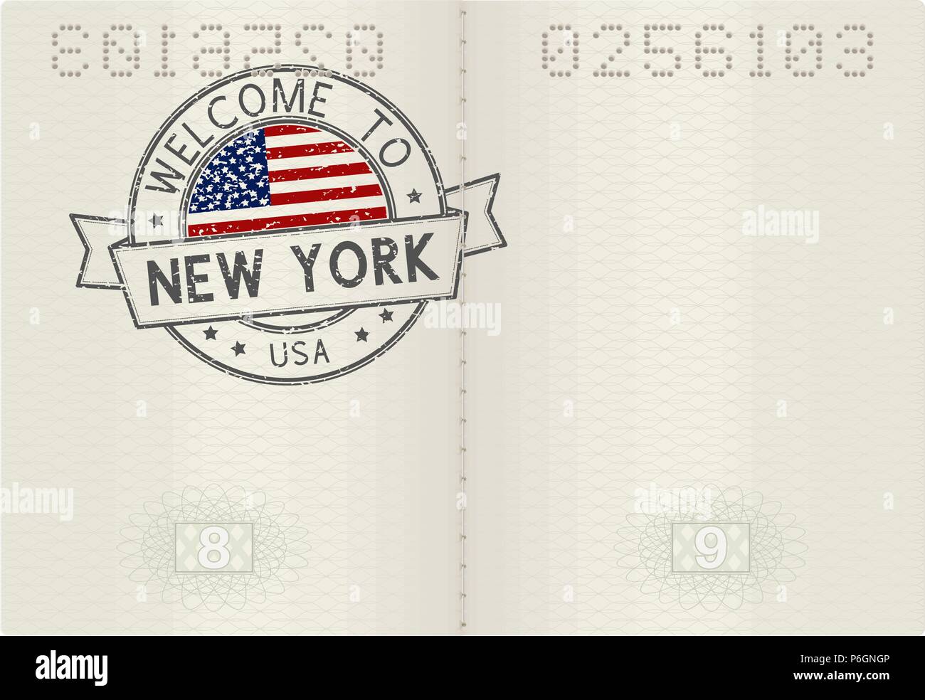 Pages de passeport avec bienvenue à New York, USA travel stamp Illustration de Vecteur