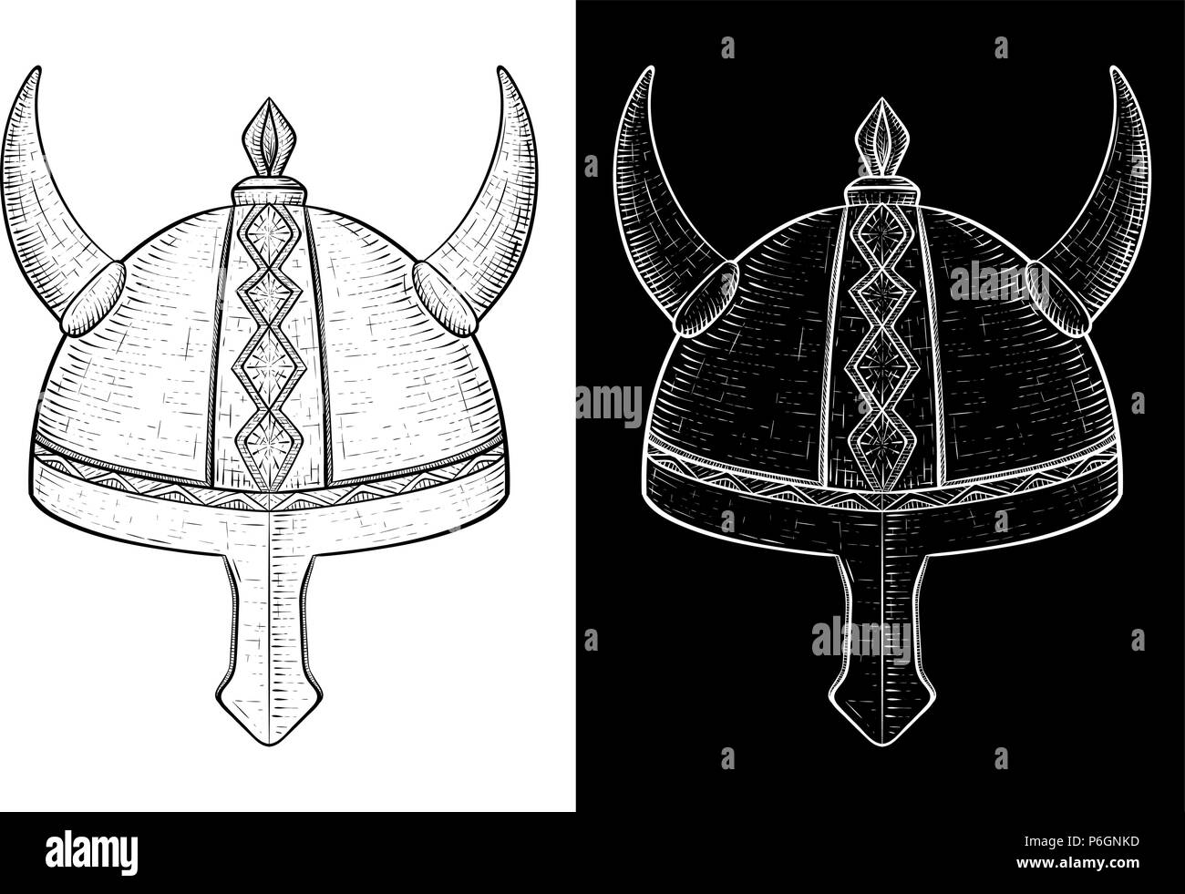 Casque viking à cornes. Croquis dessinés à la main, Illustration de Vecteur
