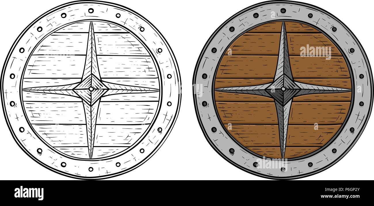 Bouclier rond Viking. Croquis dessinés à la main, Illustration de Vecteur
