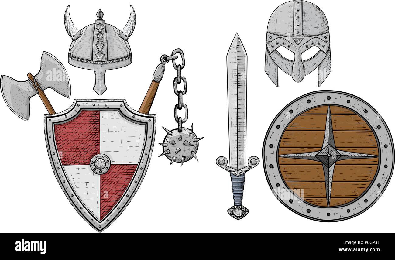 Ensemble d'armure Viking - Casques, boucliers et l'épée, hache. Croquis dessinés à la main de couleur Illustration de Vecteur