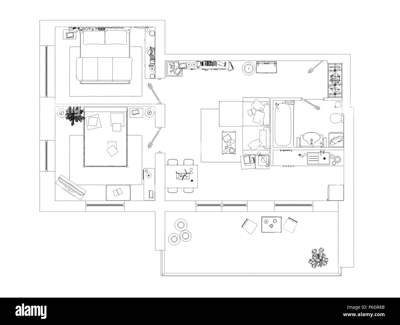 Plan d'étage appartement dessin de ligne sur un fond blanc Banque D'Images
