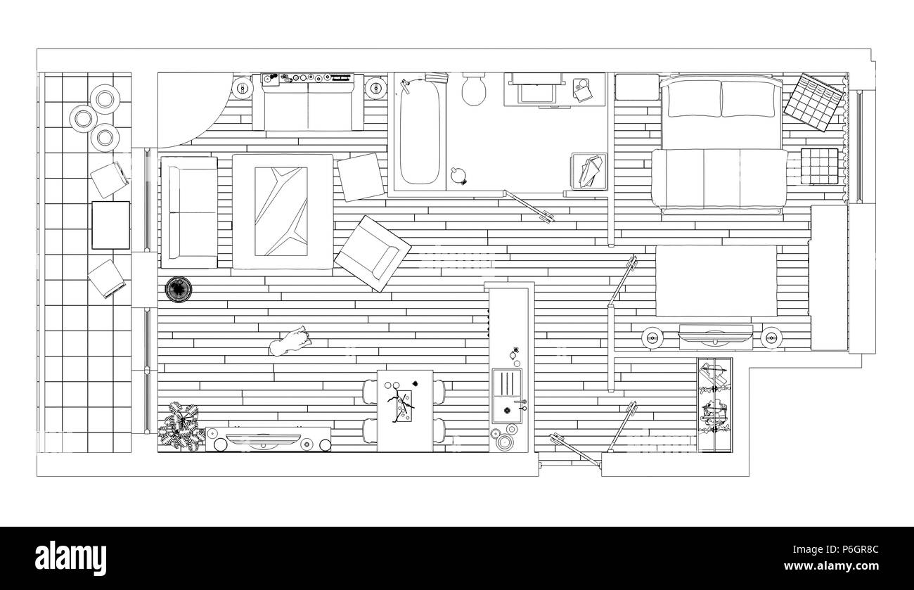 Plan d'étage appartement dessin de ligne sur un fond blanc Banque D'Images