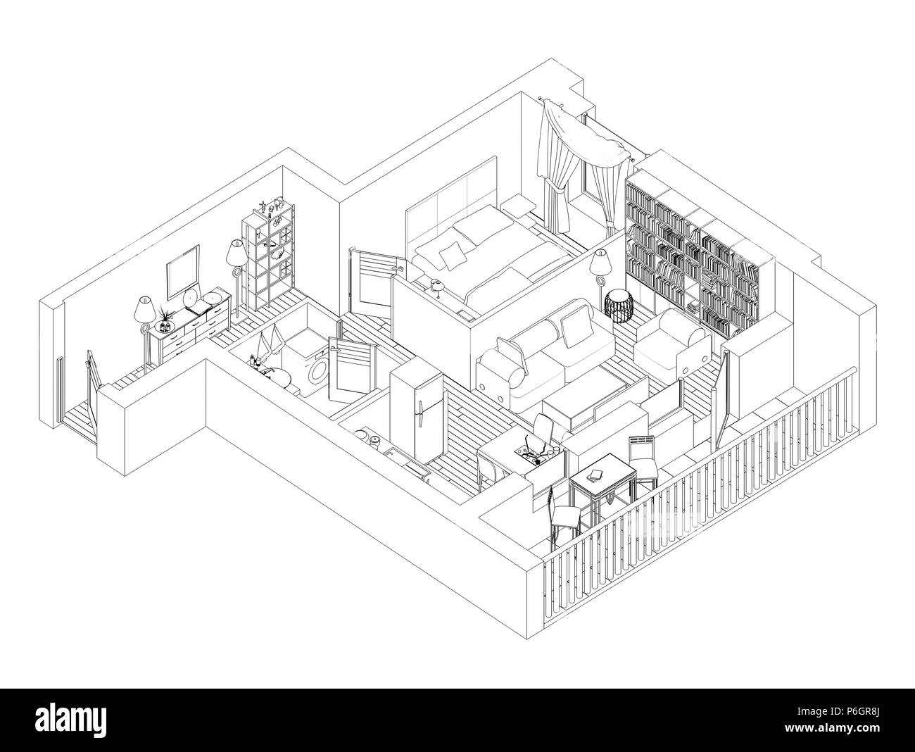 Plan d'étage appartement dessin de ligne sur un fond blanc Banque D'Images