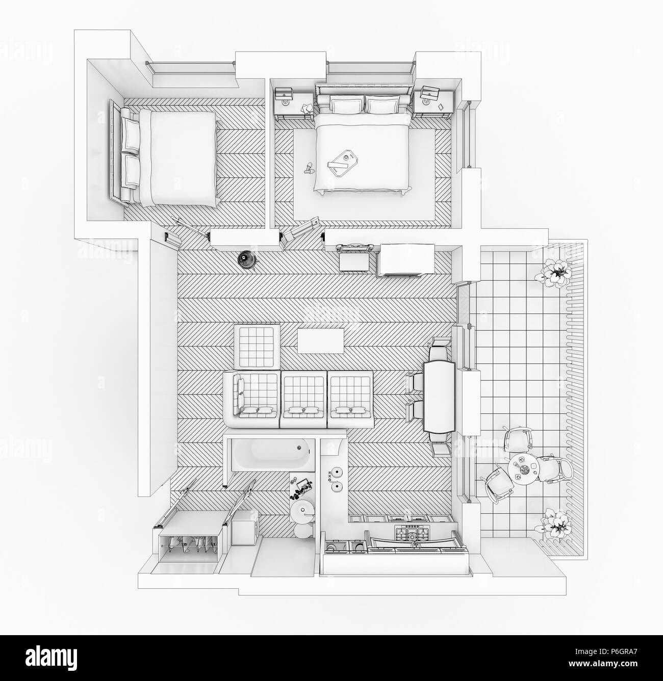 Plan d'étage dessin de ligne sur un fond blanc, des maquettes de maison meublé vacances Banque D'Images