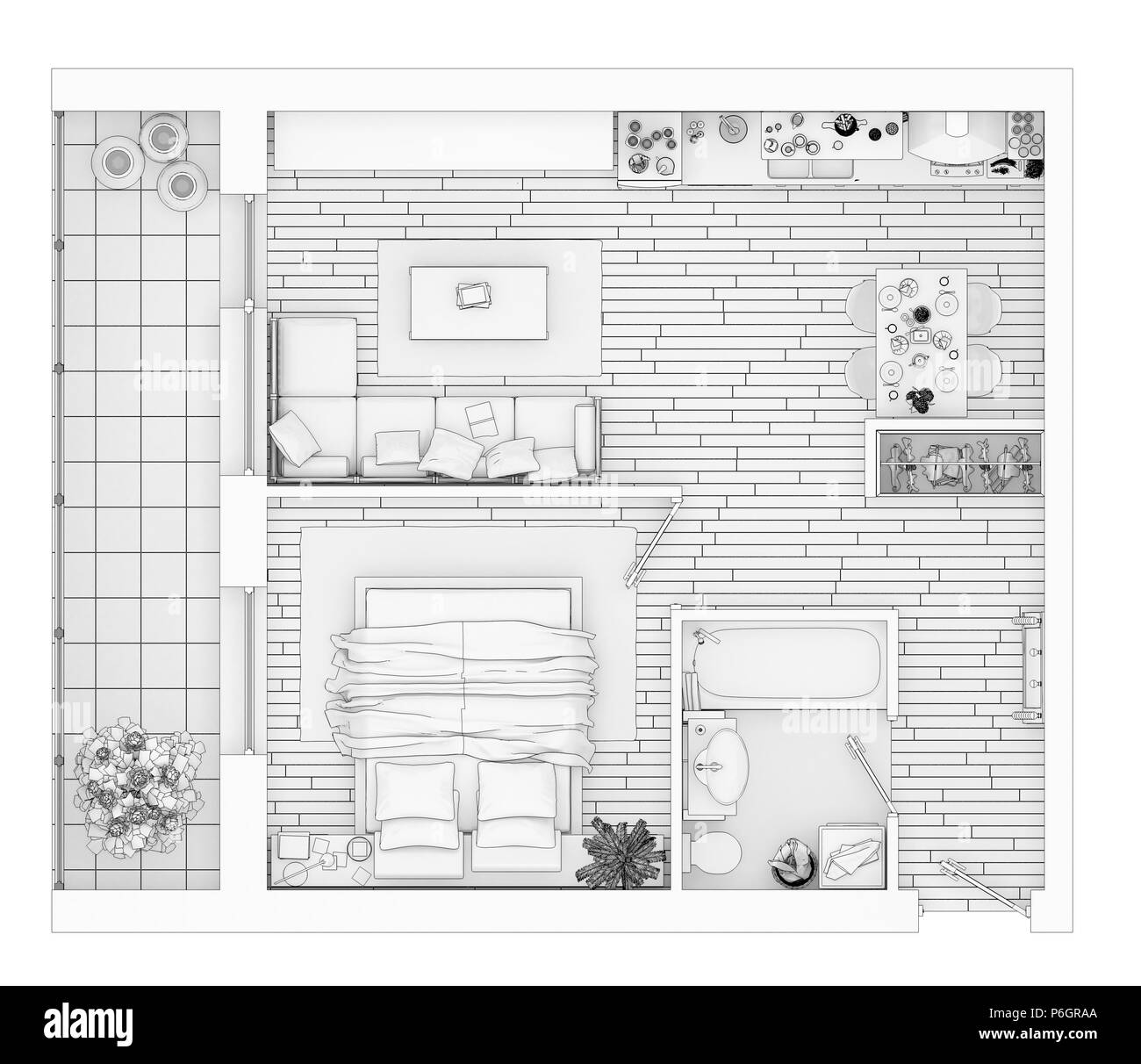 Plan d'étage dessin de ligne sur un fond blanc, des maquettes de maison meublé vacances Banque D'Images