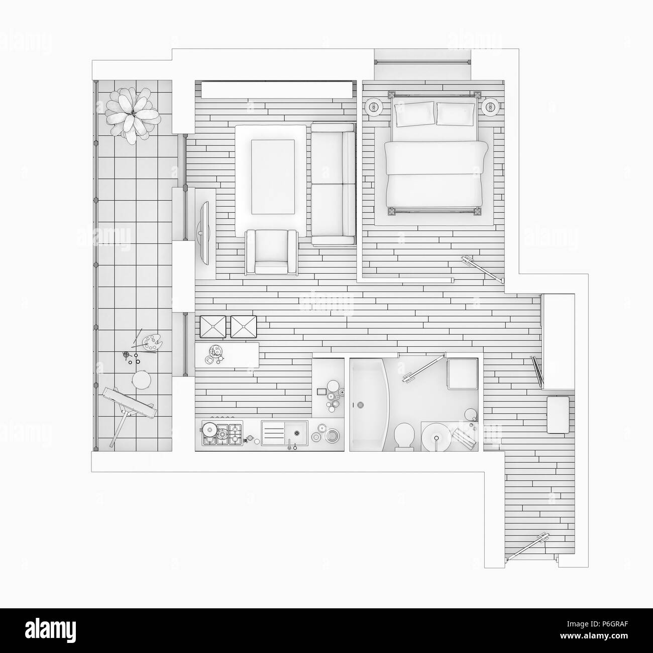 Plan d'étage dessin de ligne sur un fond blanc, des maquettes de maison meublé vacances Banque D'Images