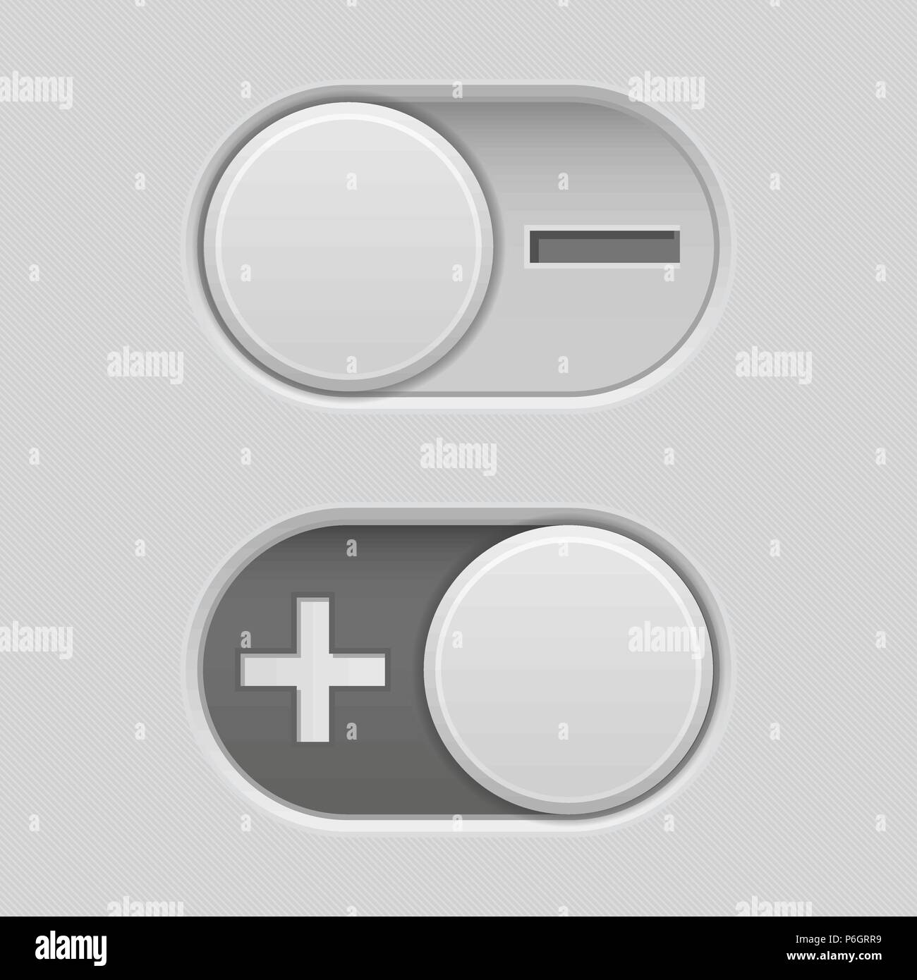 Le commutateur à glissière boutons avec des signes plus et moins Illustration de Vecteur