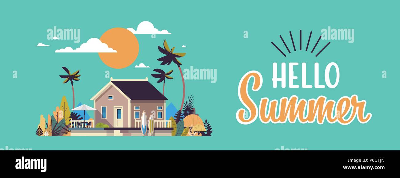 Grande villa d'été chambre surf board parapluie palmiers coucher de lettrage de l'affiche carte de voeux modèles de bannière de télévision Illustration de Vecteur