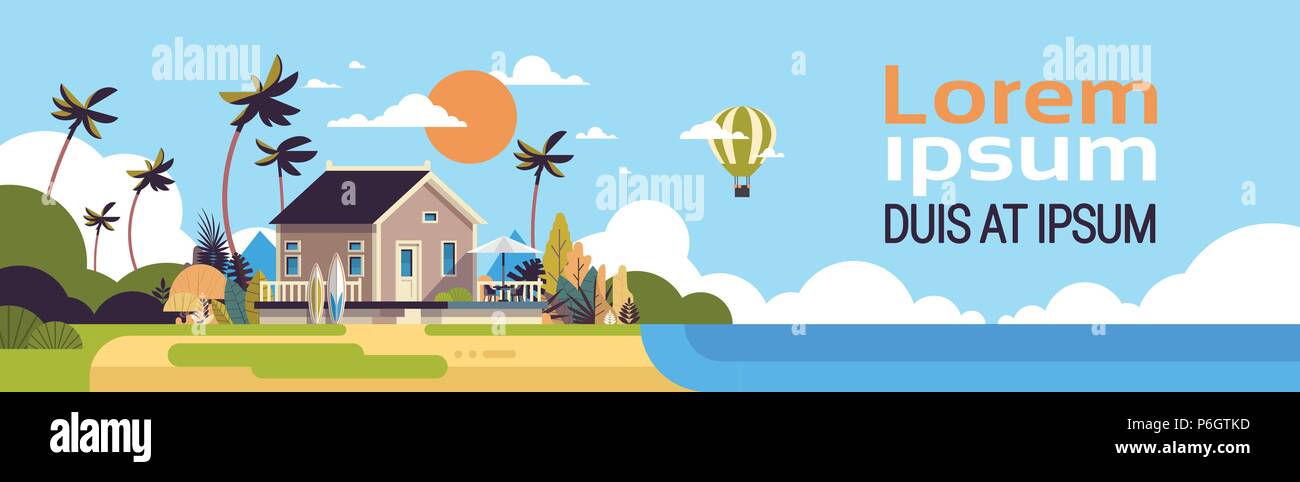 Grande villa d'été chambre montgolfière surf board palmiers carte de souhaits modèle d'affiche télévision copie espace banner Illustration de Vecteur