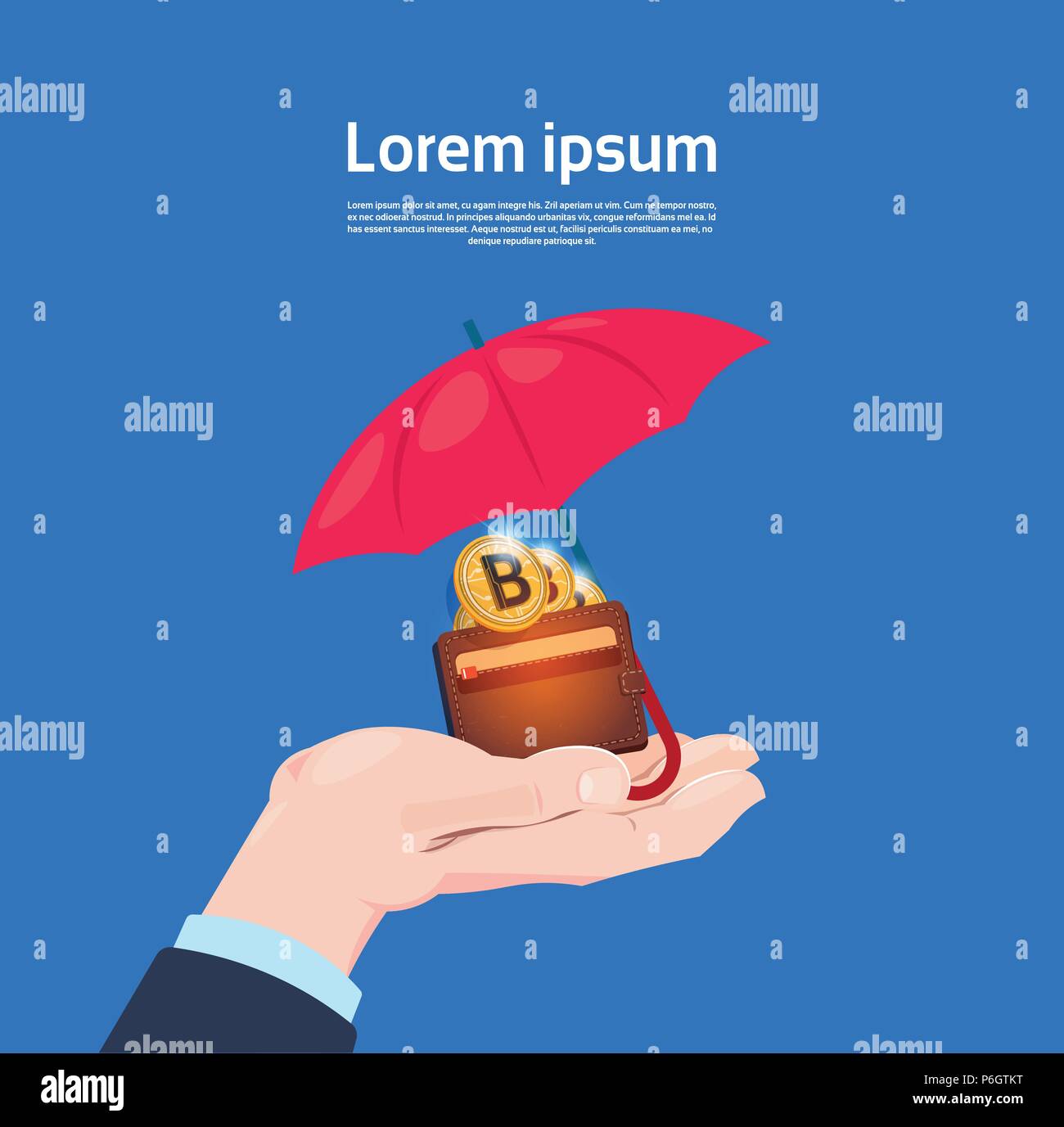 Service assurance protection concept parapluie portefeuille bitcoin main cryptocurrency de protection sur fond bleu télévision copy space Illustration de Vecteur