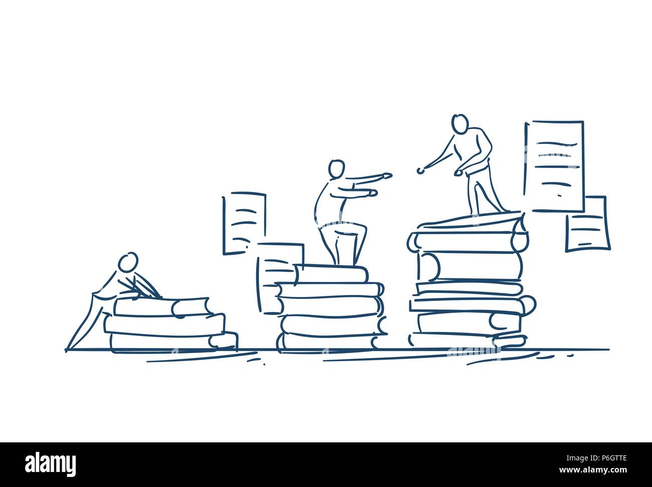 L'homme sur la pile de livres de l'éducation donner coup de main concept succès podium winers doodle croquis sur fond blanc Illustration de Vecteur