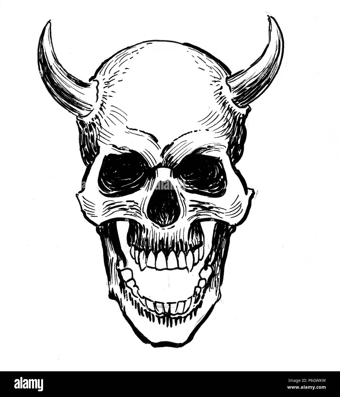 Le mal crâne avec cornes. Illustration noir et blanc Encre Banque D'Images