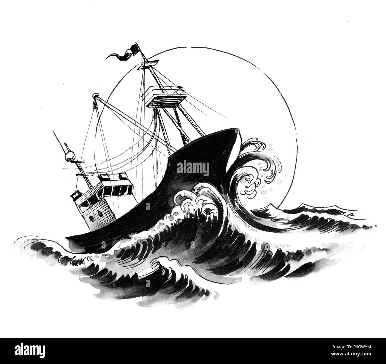 Bateau Dans La Mer Agitee Illustration Noir Et Blanc Encre Photo Stock Alamy