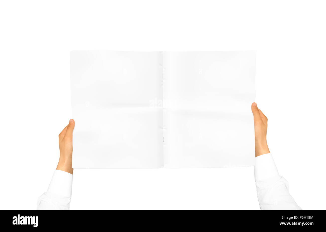 Part en chemise blanche chemise holding blank journal dans la main. Présentation de magasin vide. Brochure part l'homme. Man show pages. Modèle de fiche. Livret dans les mains. Conception du livre. Catalogue fiche d'affichage. Banque D'Images