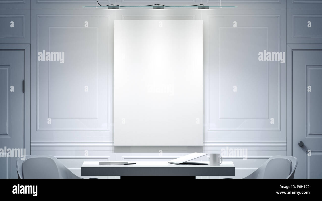 Bureau blanc avec l'intérieur de l'affiche en blanc sur le mur de maquettes, rendu 3d. Salle de réunion de travail vide lumineux toile verticale des maquettes, un bureau, deux chaises. Bannière clair compte tenu lieu de travail Vue de face. Banque D'Images