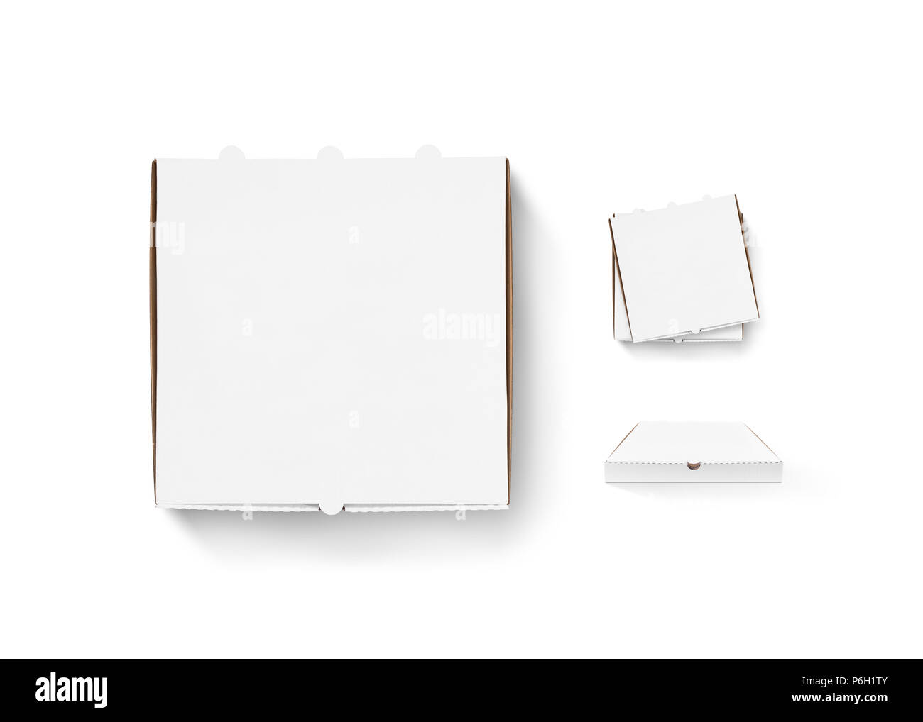 Boîte à pizza vierge maquette design set isolés. Pizza livraison emballage carton fort clair immersive. Pizza chaude clair fort gabarit. Pile de cartons vue d'en haut. Conteneur alimentaire n'importe quel côté. Boîtes à pizza. Banque D'Images