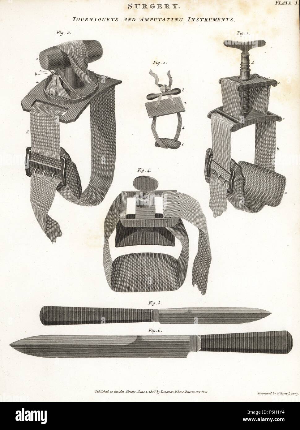 Le matériel chirurgical y compris des garrots et instruments d'amputation du 19ème siècle. La gravure sur cuivre par Wilson Lowry d'Abraham Rees' 'Cyclopedia ou Universal Dictionary, Londres, 1816. Banque D'Images