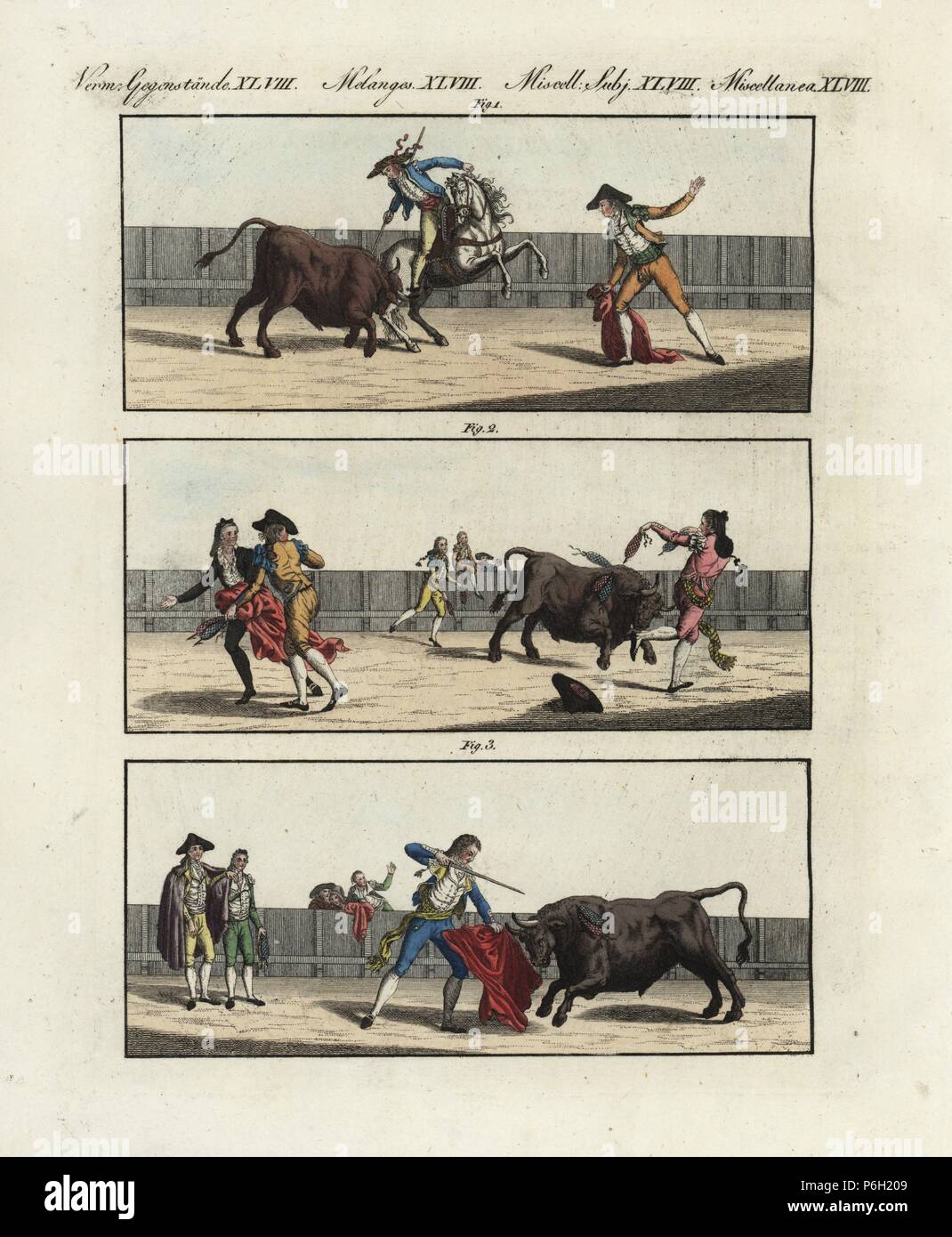 Des scènes de corrida espagnole : Canada lance le taureau 1 picadors, bandilleros poignarder le bull 2, et le matador livre le coup de mort. Coloriée à la gravure sur cuivre de Bertuch's 'Bilderbuch fur Kinder" (Livre d'images pour les enfants), Weimar, 1805. Johann Friedrich Bertuch (1747-1822) était un éditeur allemand et l'homme des arts le plus célèbre pour son encyclopédie 12 volumes pour les enfants illustrés de 1 200 plaques gravées sur l'histoire naturelle, de la science, le costume, la mythologie, etc., publiés à partir de 1790-1830. Banque D'Images