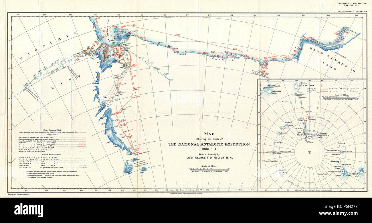 Expédition Antarctique 1904 Plan de Terre Victoria et le roi Édouard VII La Terre, l'Antarctique - Geographicus - AnarcticExp-mulock-1904. Banque D'Images