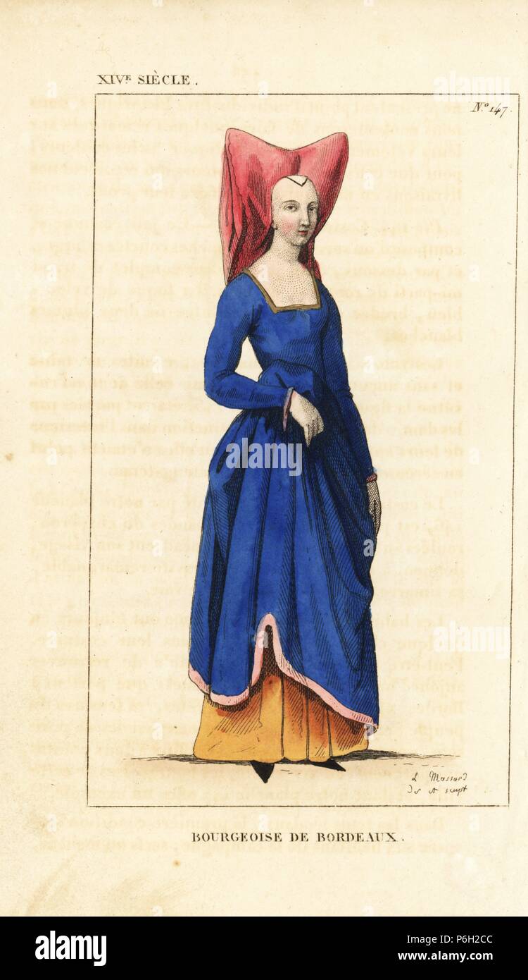Femme bourgeoise de Bordeaux, 14ème siècle. Elle porte le signe deux points  de haut bonnet de la région, et d'une simple robe monté sur une robe jaune.  Gaignieres de la collection. Dessiné