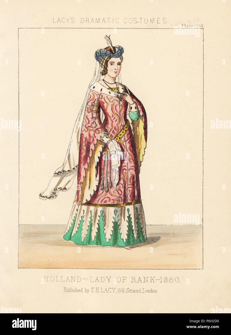 Dame de rang, Holland, 1380. Lithographie coloriée de Thomas Hailes Lacy's "Femelle Costumes historiques, nationaux et dramatique en plaques 200, Londres, 1865. Lacy (1809-1873) était un acteur britannique, dramaturge, directeur de théâtre et à l'éditeur. Banque D'Images