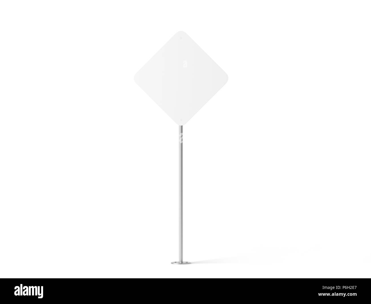 Forme losange blanc vierge street sign immersive, rendu 3D. Rhomb claire signalisation conception maquette, isolé. Conseil extérieur vide sur poteau de métal. Plain city road plaque de symboles modèle. Banque D'Images
